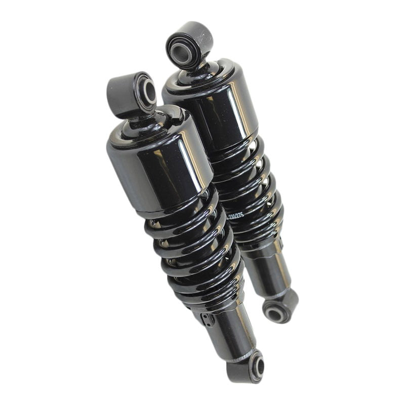 Two black Burly Slammer 10.5" Shocks for Harley Davidson Dyna FXD 1991-2015 on a white background.