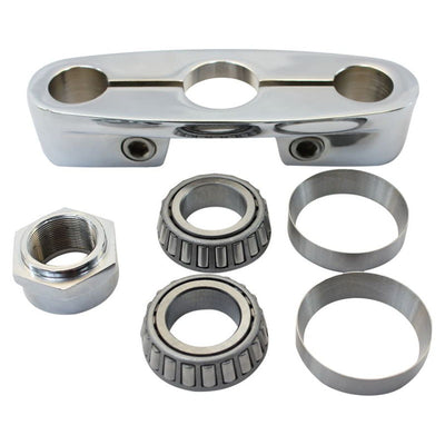 A set of Moto Iron® Yamaha XS650 Springer Conversion Kit with Steering Neck Bearings chrome parts for a motorcycle.