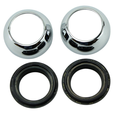 A pair of 39mm Chrome Fork Boots and Seals for Sportster Models, rubber seals and rubber fork boots by Biker's Choice.