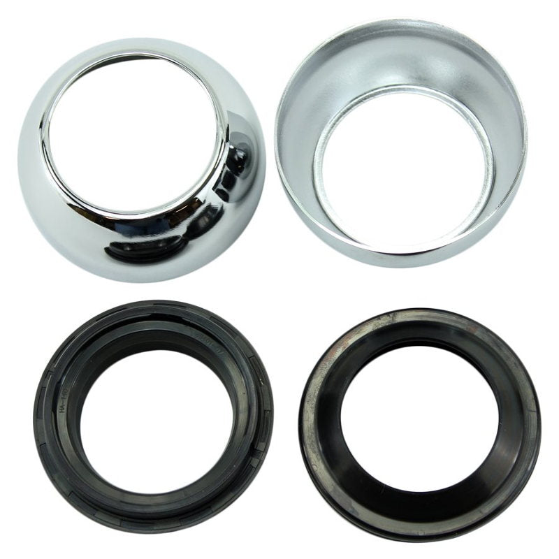 A set of Biker's Choice 39mm Chrome Fork Boots and Seals for Sportster Models.