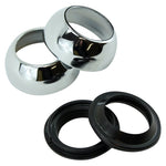 A pair of 39mm chrome-plated dust shields and black rubber Biker's Choice fork boots.