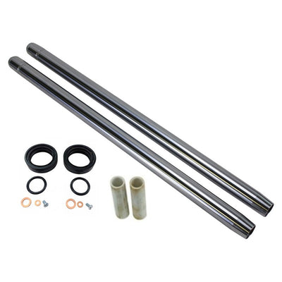 A pair of TC Bros. Extended Fork Tube Kit +4" 35mm for Ironhead Sportster (XL 75-83) & Super Glide (FX 76-83) stainless steel rods with a Hard Chrome finish fitment and seals for a motorcycle.