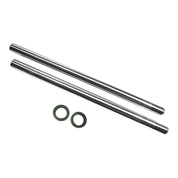 A pair of Yamaha XS650 35mm Fork Tube Kits Stock Length (fits 1977-84) from TC Bros., made of stainless steel rods and o-rings with a hard chrome finish on a white background.