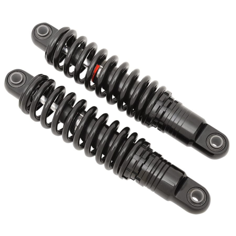 A pair of Drag Specialties' Premium Ride-Height Adjustable Shocks - 1991-2017 Dyna 11" Black on a white background. This product description is optimized with keywords for SEO purposes.
