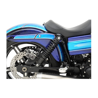 A close up of a blue and black Drag Specialties Premium Ride-Height Adjustable Shocks - 1991-2017 Dyna 11" Black motorcycle, perfect for product description and SEO optimization.