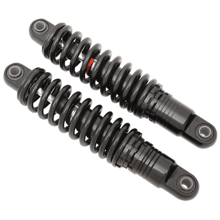A pair of Premium Ride-Height Adjustable Shocks - 1991-2017 Dyna 12" Black by Drag Specialties for a motorcycle, featuring adjustable spring preload and custom mounting capability.