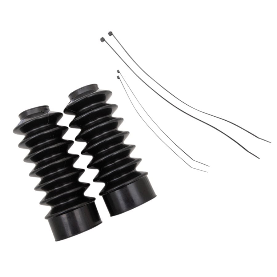 Two Moto Iron® 39mm Fork Boot Gaiters (7" long) and four zip ties, crafted from durable black rubber, are shown on a white background—perfect for use with various Harley models.