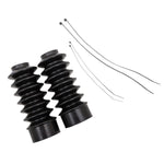 Two Moto Iron® 39mm Fork Boot Gaiters (7" long) and four zip ties, crafted from durable black rubber, are shown on a white background—perfect for use with various Harley models.
