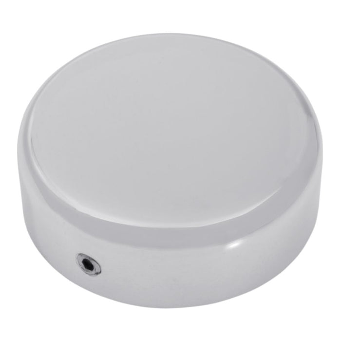 A white round Drag Specialties Steering Stem Bolt Cover for 87-09 Sportster 99-17 Dyna in Chrome on a white background.