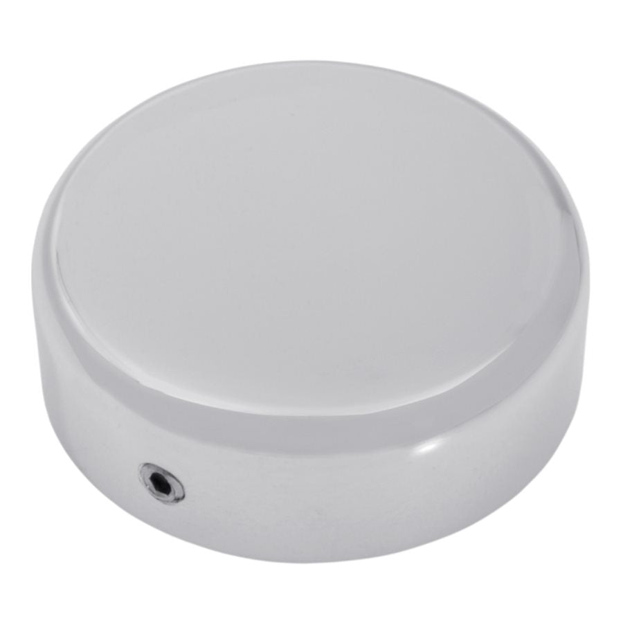 A white round Drag Specialties Steering Stem Bolt Cover for 87-09 Sportster 99-17 Dyna in Chrome on a white background.
