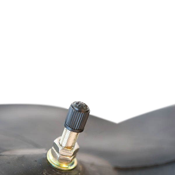A close up of a Sedona Rear Inner Tube 5.00/5.10-16 with a threaded metal valve stem on a white background.