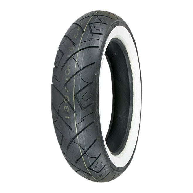 A Shinko 130/90-16 Rear White Wall Tire 777 HD with a white wall on a rear background.