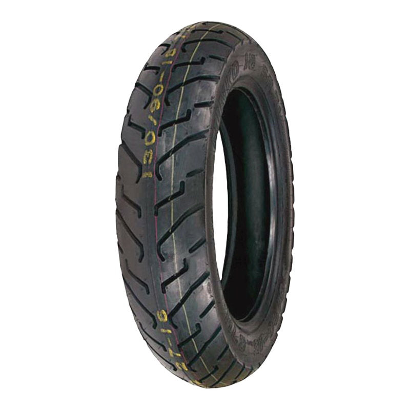 A Shinko 130/90-16 Rear Tire 712, known for its excellent wet weather performance, displayed on a white background.