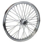 Two Moto Iron® 40 Spoke 21" x 2.15" Chopper Spool Wheels—one with a black rim, one with a chrome rim—are shown beside bold "21'' SPOOL" text.