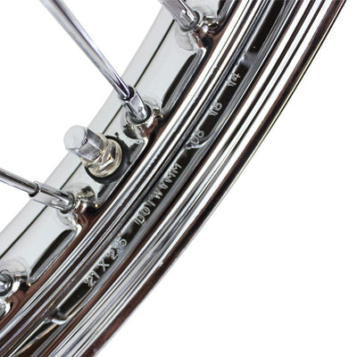 A close up of a Moto Iron® chrome front 40 spoke spool hub wheel with chopper spool wheel spokes and sealed rim, measuring 21 x 2.15 and fitting Harley (3/4" Bearings).