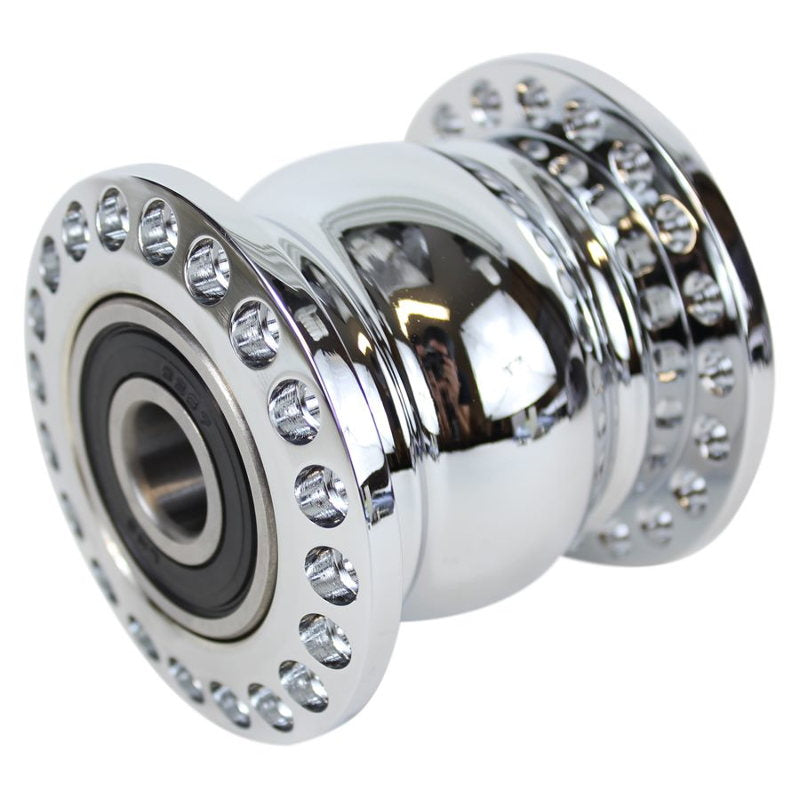A Moto Iron® Chrome Front 40 Spoke Spool Wheel Hub with diamonds on it.