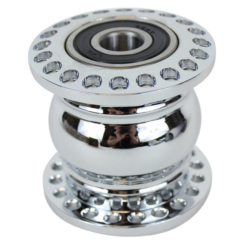 An image of a Moto Iron® Chrome Front 40 Spoke Spool Wheel Hub fits 3/4 Harley Axle on a white background, featuring a CNC machined triple chrome plated hub.
