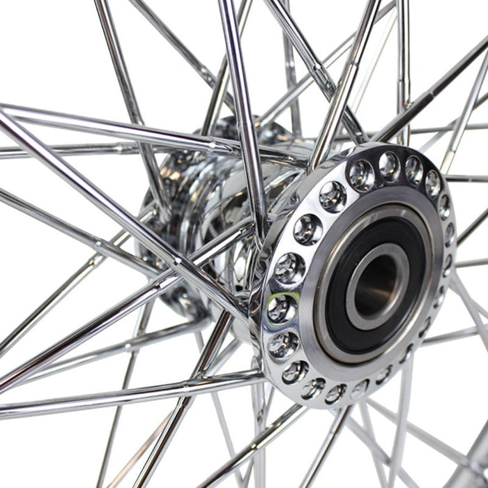 Two Moto Iron® 40 Spoke 21" x 2.15" Chopper Spool Wheels—one with a black rim, one with a chrome rim—are shown beside bold "21&