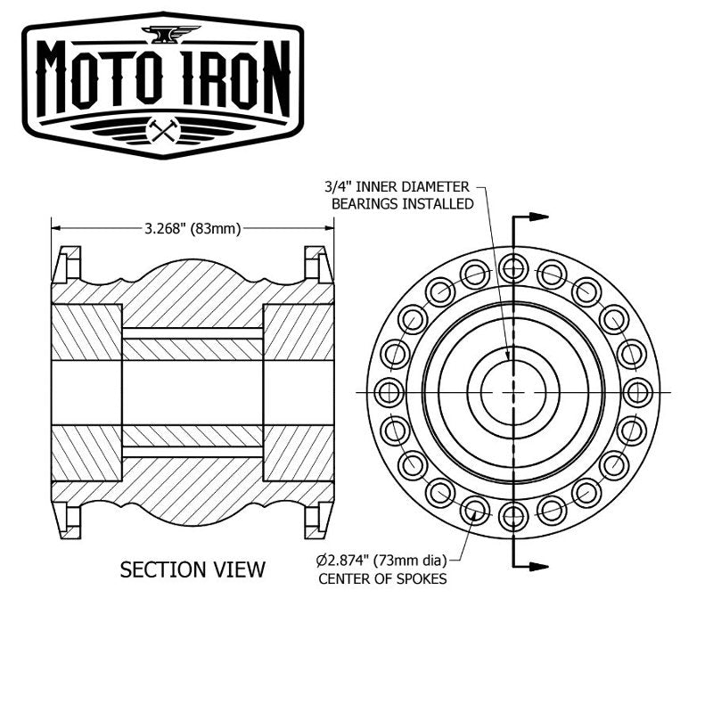A drawing of the Moto Iron® Chrome Front 40 Spoke Spool Hub Wheel featuring 3/4" bearings and a chopper spool wheel.