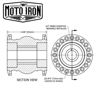 A drawing of the Moto Iron® Chrome Front 40 Spoke Spool Hub Wheel featuring 3/4" bearings and a chopper spool wheel.