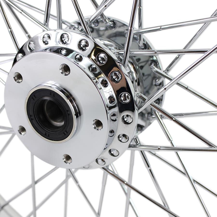 A close up image of a Moto Iron® chrome front 40 spoke wheel with a billet hub on a Harley FX and Sportster from 1984-1999.