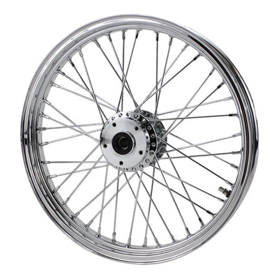 A Moto Iron® chrome front 40 spoke wheel with a billet hub on a white background.