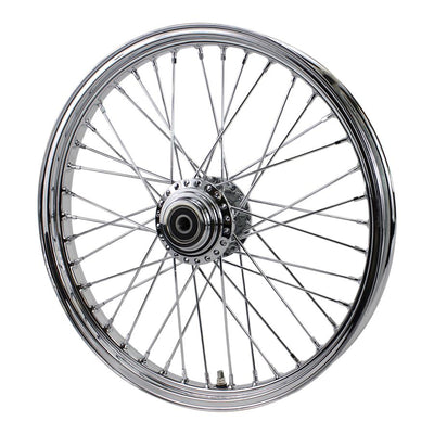 A Moto Iron® Chrome Front 40 Spoke Wheel 21 "x 2.15" (fits Harley FXD 2000-03, Sportster 2000-07) Billet Hub on a white background.
