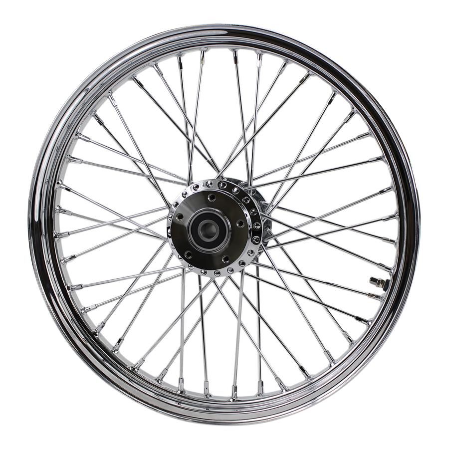 A Moto Iron® Chrome Front 40 Spoke Wheel 19 "x 2.15" (fits Harley FXD 2000-03, Sportster 2000-07) Billet Hub on a white background, suitable for Harley FXD motorcycles.