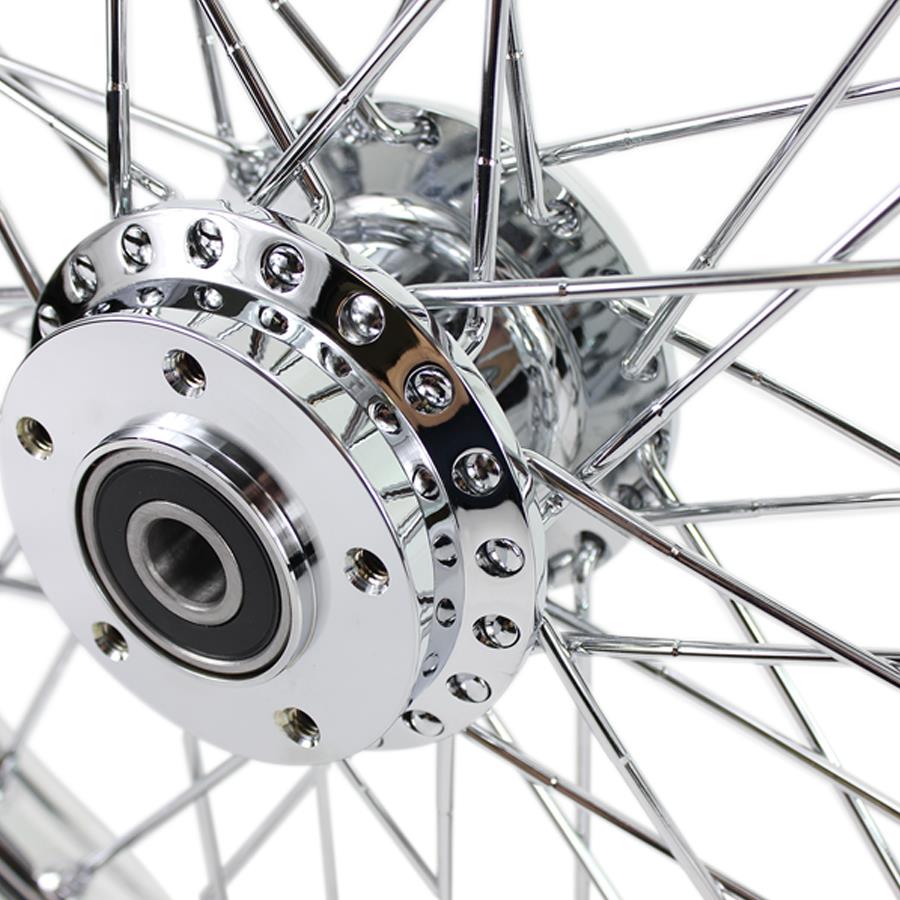 A close up of a Moto Iron® Chrome Front 40 Spoke Wheel 19 "x 2.15" (fits Harley FXD 2000-03, Sportster 2000-07) Billet Hub on a white background.