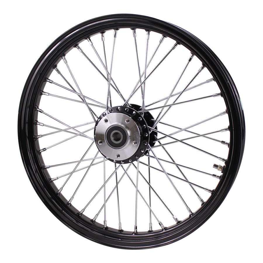 A Moto Iron® Black Front 40 Spoke Wheel 19 "x 2.15" (fits Harley FXD 2000-03, Sportster 2000-07) Billet Hub on a white background.