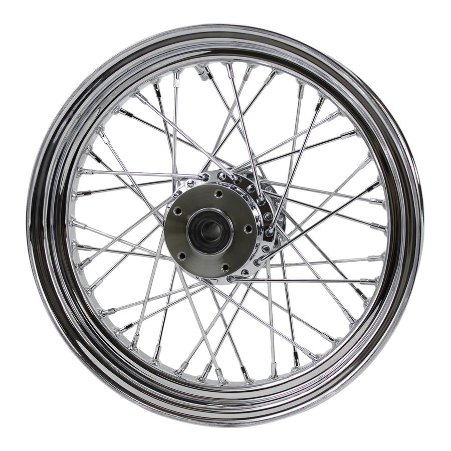 A Moto Iron® 16” × 3” chrome spoked front wheel for 1984-1999 Harley-Davidson Big Twin and Moto Iron Springers, showing the hub, spokes, and rim in detail, viewed from the front.