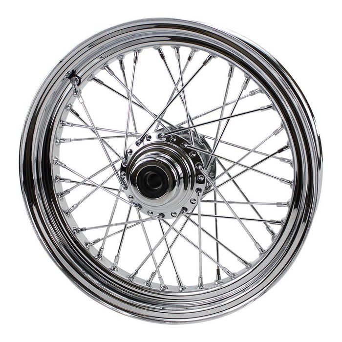 A Moto Iron® 16” × 3” chrome spoked front wheel for 1984-1999 Harley-Davidson Big Twin and Moto Iron Springers, showing the hub, spokes, and rim in detail, viewed from the front.