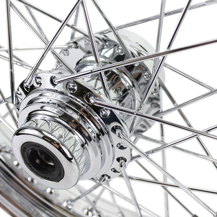 A Moto Iron® 16” × 3” chrome spoked front wheel for 1984-1999 Harley-Davidson Big Twin and Moto Iron Springers, showing the hub, spokes, and rim in detail, viewed from the front.