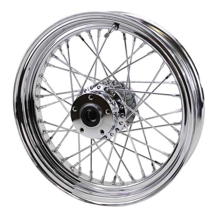 A complete Moto Iron® chrome rear wheel with 40 spokes, suitable for Harley models, showcased on a white background.