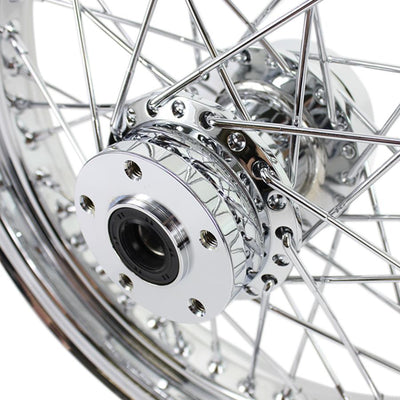 A close-up of a Harley motorcycle wheel with Moto Iron® spokes and a Chrome Rear 40 Spoke Wheel 16 "x 3" Fits Harley Models 1979-99 (exc Touring & 1979 Sportster) by Moto Iron®.
