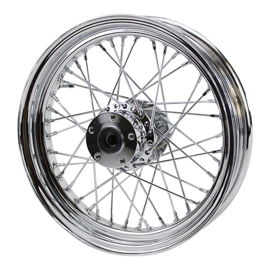 A Moto Iron® Chrome Rear 40 Spoke Wheel 16 "x 3" Fits Harley Models 1979-99 (exc Touring & 1979 Sportster) on a white background, perfect for Harley models.