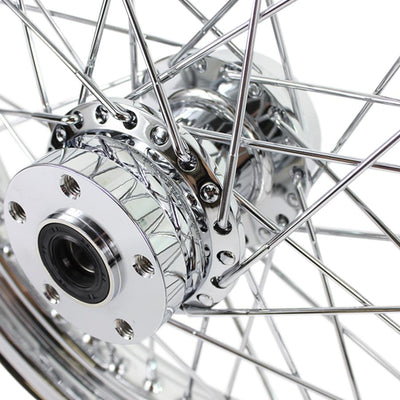 A close up of a Moto Iron® Chrome Rear 40 Spoke Wheel 16 "x 3" Fits Harley Models 1979-99 (exc Touring & 1979 Sportster) wheel.