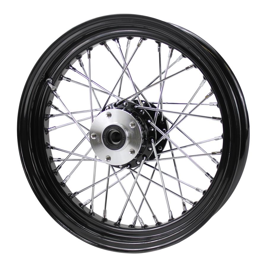A Moto Iron® Black Rear 40 Spoke Wheel 16 "x 3" Fits All Harley Models 1979-99 (exc Touring & 1979 Sportster), on a white background.