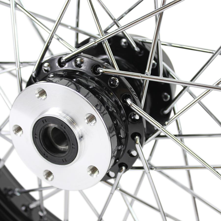 A close up of a black spoked wheel on a white background, specifically the Moto Iron® Black Rear 40 Spoke Wheel 16 "x 3" Fits All Harley Models 1979-99 (exc Touring & 1979 Sportster).