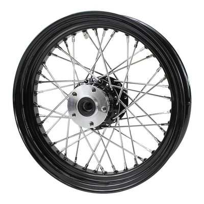 A Moto Iron® black spoked wheel on a white background, suitable for Harley models.