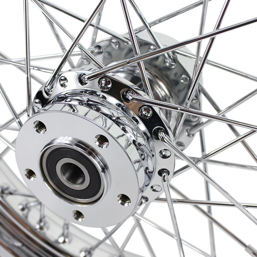 A close up of a Moto Iron® Chrome Rear 40 Spoke Wheel 16"x3" (fits Harley FLT 00-01, FXST 00-07, Dyna 00-05, Sportster 00-04) with a billet hub on a white background.