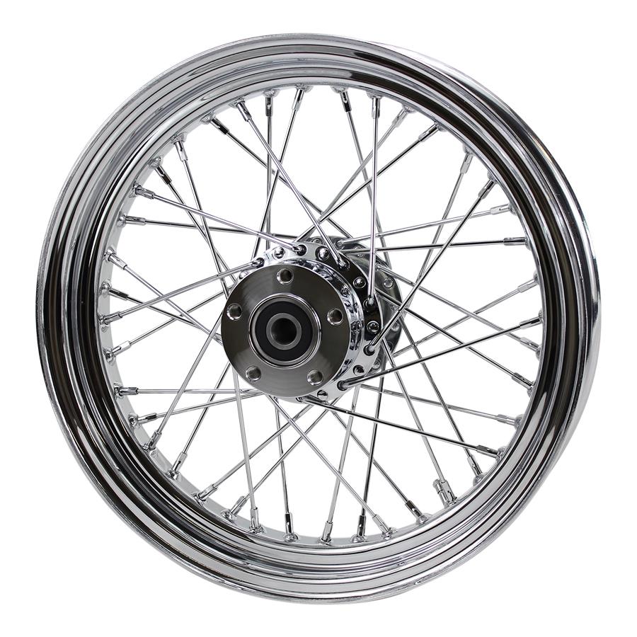 A Moto Iron® Chrome Rear 40 Spoke Wheel 16"x3" (fits Harley FLT 00-01, FXST 00-07, Dyna 00-05, Sportster 00-04) with spokes on a white background, featuring 3/4" ID sealed bearings.