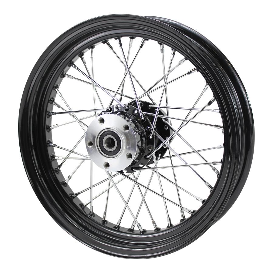 A Moto Iron® Black Rear 40 Spoke Wheel 16"x3" (fits Harley FLT 00-01, FXST 00-07, Dyna 00-05, Sportster 00-04) with a billet hub on a white background.