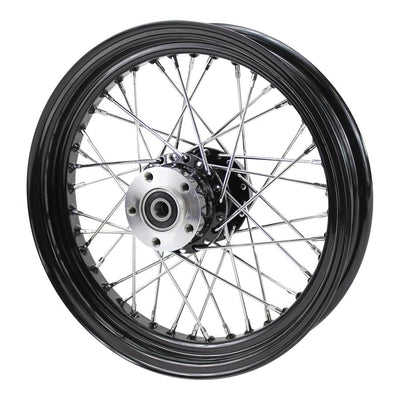 A Moto Iron® Black Rear 40 Spoke Wheel 16"x3" (fits Harley FLT 00-01, FXST 00-07, Dyna 00-05, Sportster 00-04) with a billet hub on a white background.