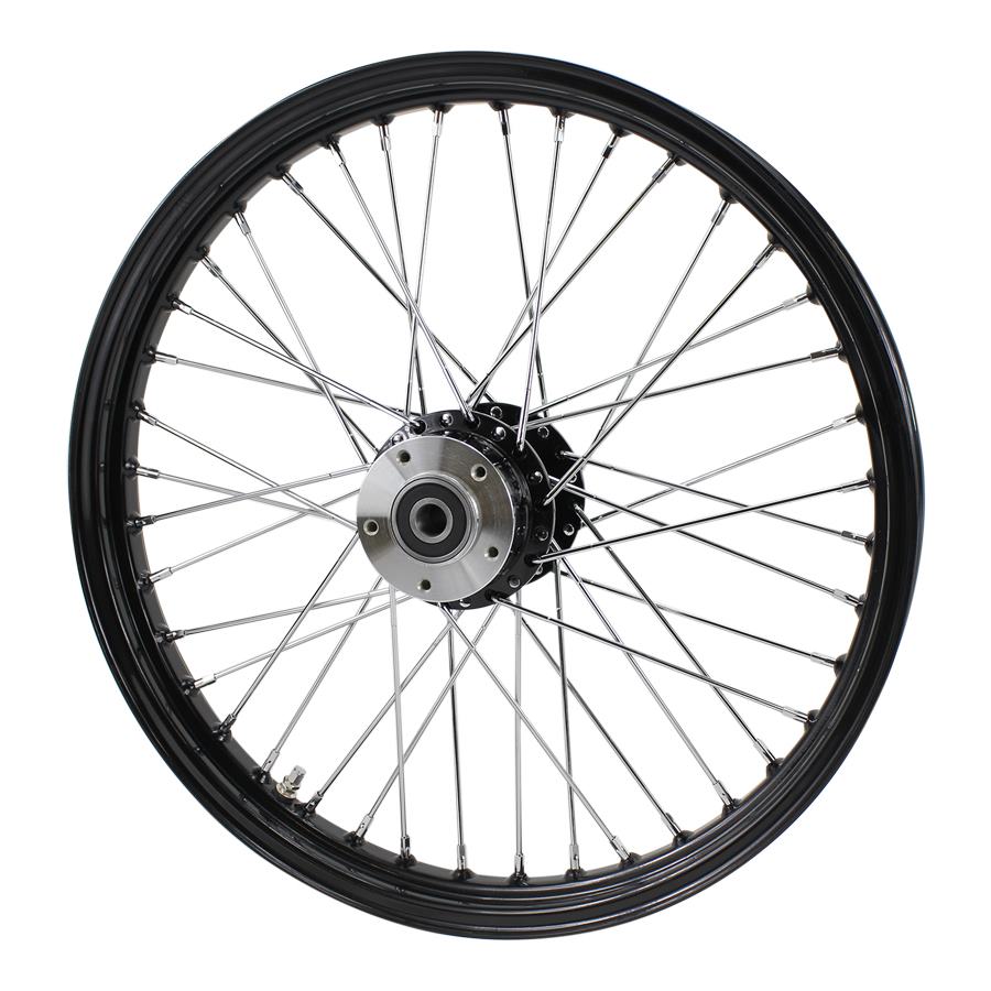 A Moto Iron® Black Front 40 Spoke Wheel 21"x2.15" (fits Harley Softail 2000-2006, Dyna FXDWG 2000-2005) on a white background.