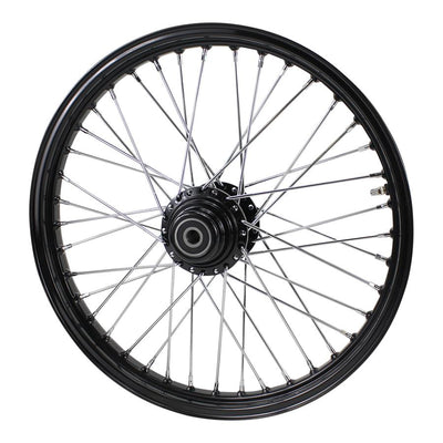 A Moto Iron® Black Front 40 Spoke Wheel 21"x2.15" (fits Harley Softail 2000-2006, Dyna FXDWG 2000-2005) on a white background.