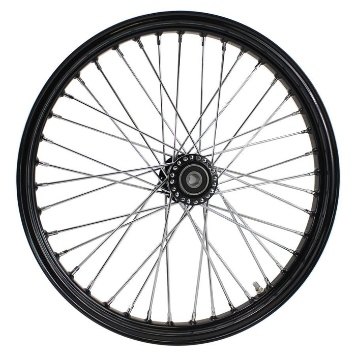 Two Moto Iron® 40 Spoke 21" x 2.15" Chopper Spool Wheels—one with a black rim, one with a chrome rim—are shown beside bold "21&