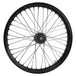 Two Moto Iron® 40 Spoke 21" x 2.15" Chopper Spool Wheels—one with a black rim, one with a chrome rim—are shown beside bold "21&