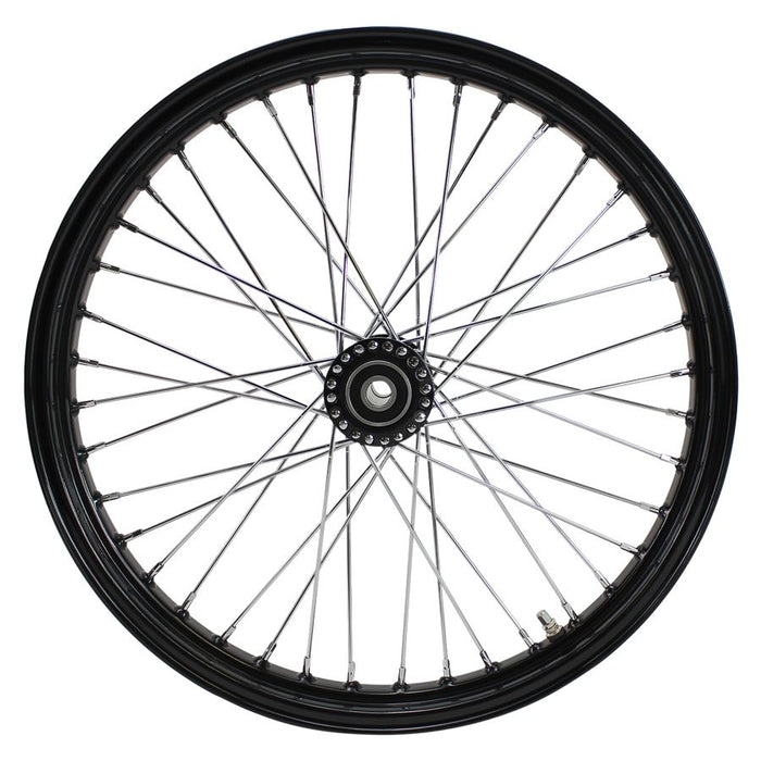 Two Moto Iron® 40 Spoke 21" x 2.15" Chopper Spool Wheels—one with a black rim, one with a chrome rim—are shown beside bold "21&