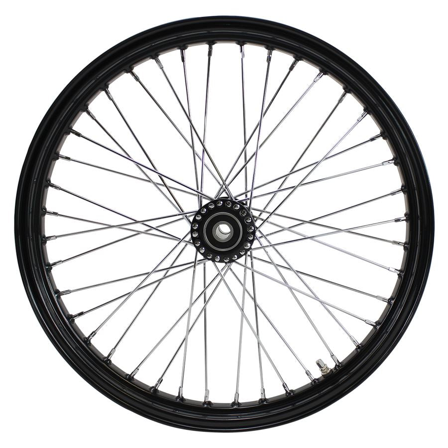 A Moto Iron® Black Front 40 Spoke Spool Hub Wheel 21 x 2.15, with sealed rim and 3/4" bearings, on a white background.